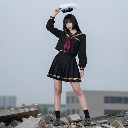Striking Sailor Dress on Ruined Landscape