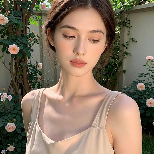 Serene Woman in Sunlit Indoor Garden