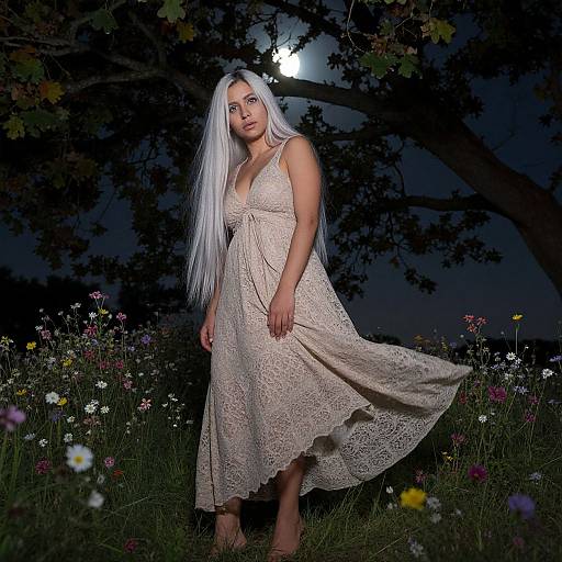 Photograph of a woman with long white hair, wearing a lace, V-neck, beige dress, standing in a moonlit floral meadow, tree