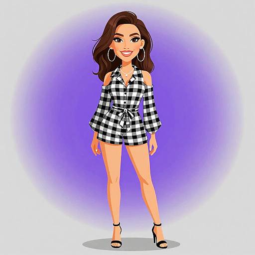 Digital illustration of a smiling woman with brown hair, wearing a black-and-white checkered romper, hoop earrings, and black heels, standing against a
