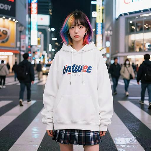 Quirky Japanese Teen in Urban Crosswalk