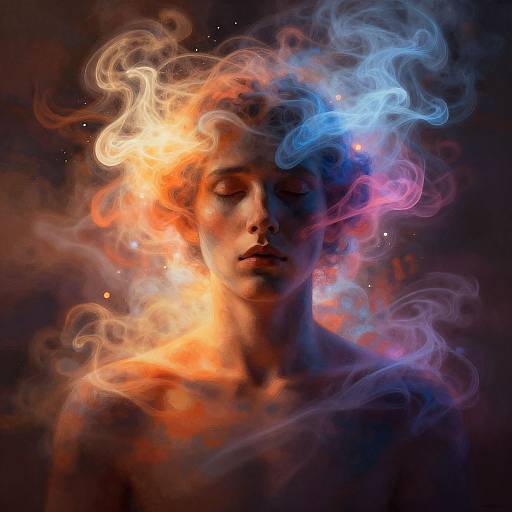 Digital artwork: Ethereal portrait of a serene, shadowy woman with fiery orange and ethereal blue smoke swirling around her head, against a dark,