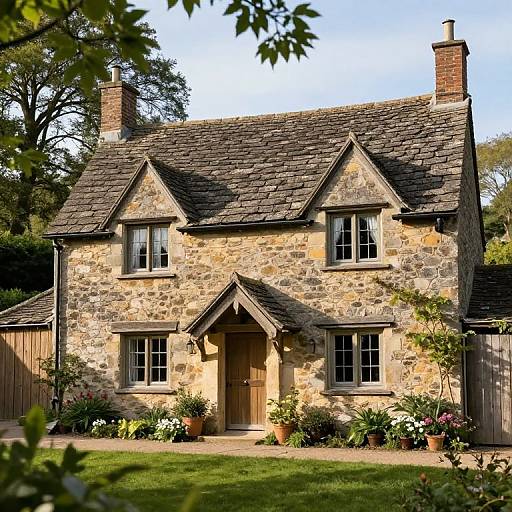 Photograph of a charming, rustic stone cottage with a steep, shingled roof, wooden door, and potted plants flanking the entrance.