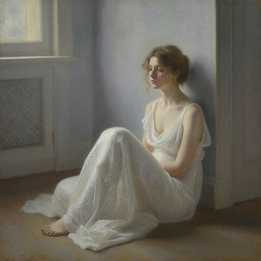 Photorealistic painting of a pensive woman with wavy brown hair, wearing a white, flowing dress, sitting by a sunlit window.