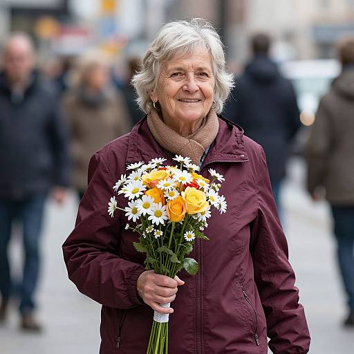 Photograph of an elderly woman with white hair, smiling, wearing a maroon jacket and holding a bouquet of yellow and white daisies, in