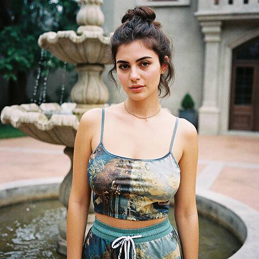 Photograph of a young woman with dark hair in a bun, wearing a tie-dye sports crop top and leggings, standing in front of a stone