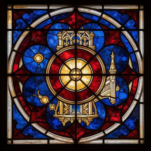 Stained glass window with a central golden sun, red and blue circular patterns, and detailed Gothic-style buildings, surrounded by stars and a circular border.