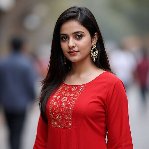 Photograph of a young Indian woman with long black hair, wearing a red traditional kurti with gold embroidery, and gold earrings, standing outdoors with