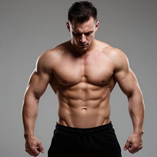 Photograph of a muscular, shirtless, light-skinned man with short dark hair, looking down, wearing black pants, highlighting defined abs and b