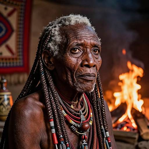 Photograph of an elderly African man with dark skin, white-gray hair, and long braids, wearing beaded necklaces, sitting by a roaring