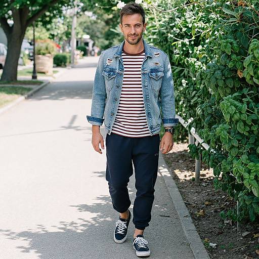 Photograph of a bearded man in a denim jacket, black pants, and black-and-white striped shirt, walking on a sunlit suburban sidewalk with