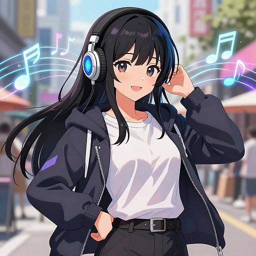 Anime-style digital drawing of a smiling black-haired girl with purple eyes, wearing headphones, a black jacket, white shirt, and black pants, walking on