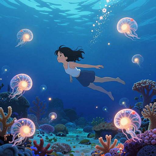 Digital anime-style illustration of a girl with black hair in a white top and blue skirt, swimming underwater among glowing jellyfish and colorful coral reefs.
