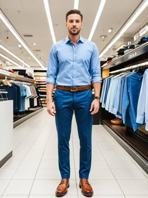 Man in Blue Shirt and Pants in Clothing Store