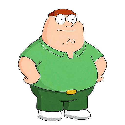 Cartoon-style drawing of a chubby, bald man with red hair, green shirt, dark green pants, and white shoes, standing with hands on hips