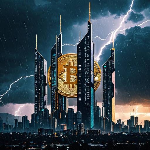 Futuristic Cityscape with Bitcoin Logo and Lightning