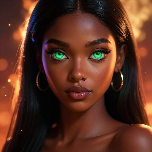 Digital portrait of a dark-skinned woman with glowing green eyes, long black hair, hoop earrings, and an intense, fiery orange background.