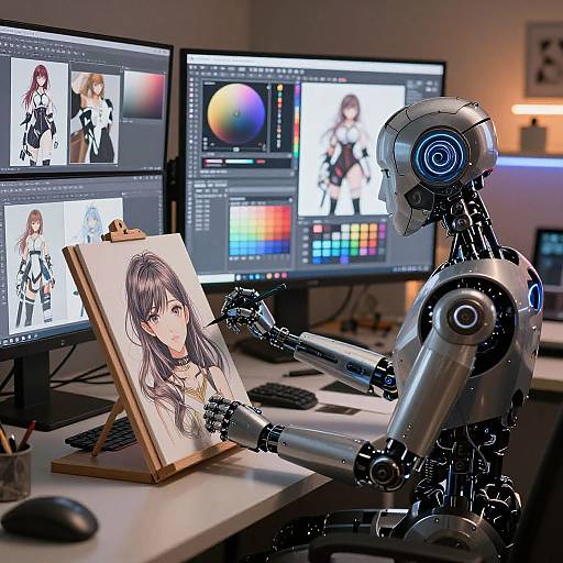 Digital artwork of a futuristic, robotic artist painting a portrait of a beautiful anime girl on an easel, surrounded by multiple computer monitors displaying vibrant, colorful