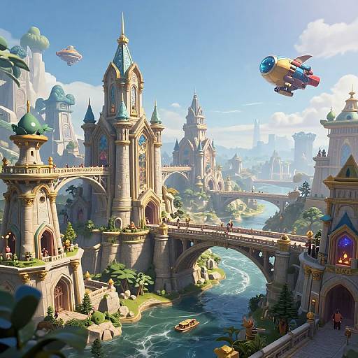 Magical Fantasy City with Flying Vehicles
