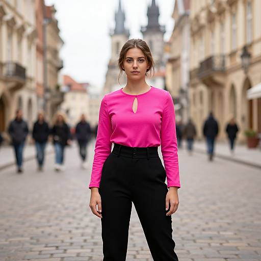 Confident Woman in Historic European Street