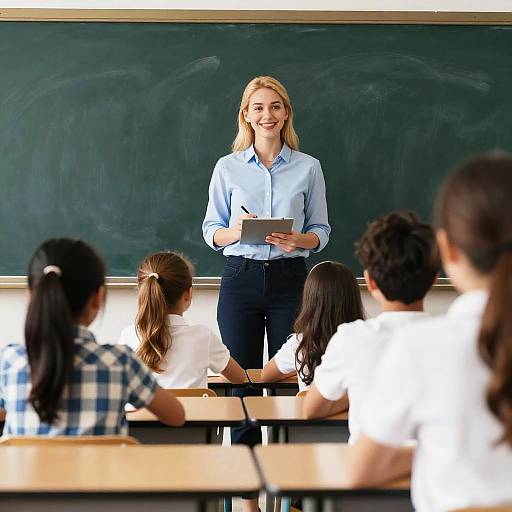 Smiling Teacher in Classroom with Students