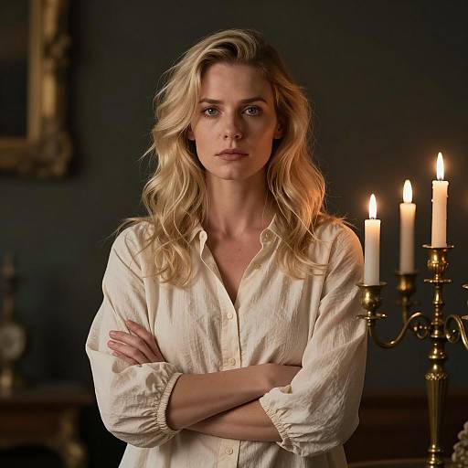 Serious Woman with Candelabrum in Darkness