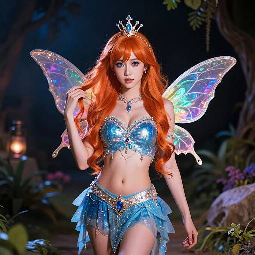 Photograph of a fair-skinned woman with long red hair, wearing a blue sequined bikini top and skirt, translucent fairy wings, and a crown