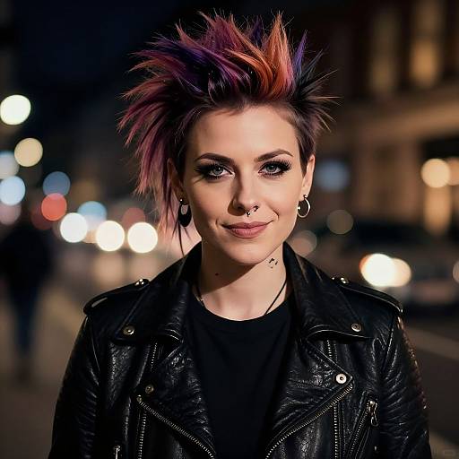 Photograph of a pale-skinned woman with purple and orange spiked hair, black leather jacket, nose ring, and black earrings, smiling against a blurred