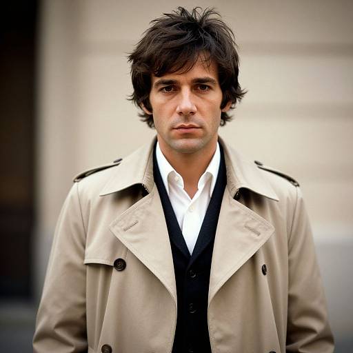 Photograph of a serious-looking man with dark hair, wearing a beige trench coat over a white shirt and black vest, against a blurred urban background.