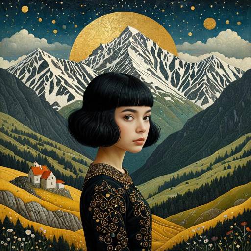 Young Woman in Ornate Dress Against Mountain Landscape