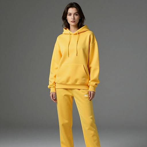 Photograph of a young woman with long, dark hair wearing a bright yellow hooded sweatshirt and matching yellow pants, standing against a gray gradient background