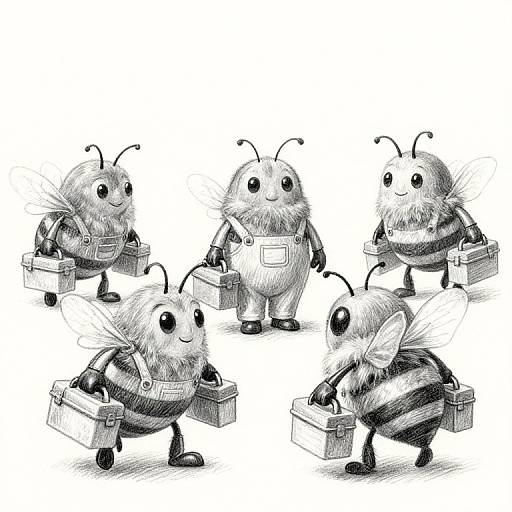 Black-and-white digital drawing of six cute, anthropomorphic bees with large eyes, striped bodies, and carrying briefcases, standing and moving.