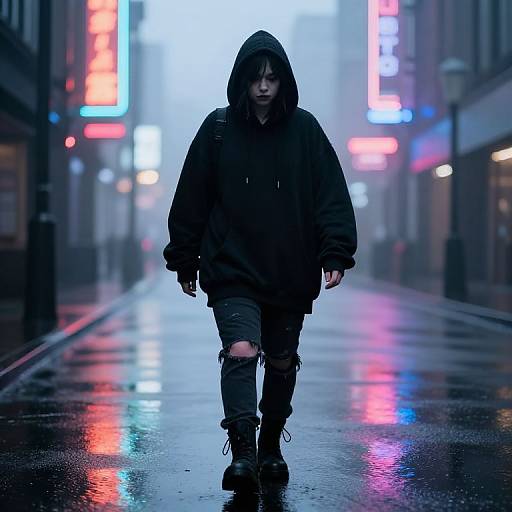 Photograph of a hooded, dark-clad figure walking down a rain-soaked, neon-lit urban street at night, with vivid blue and