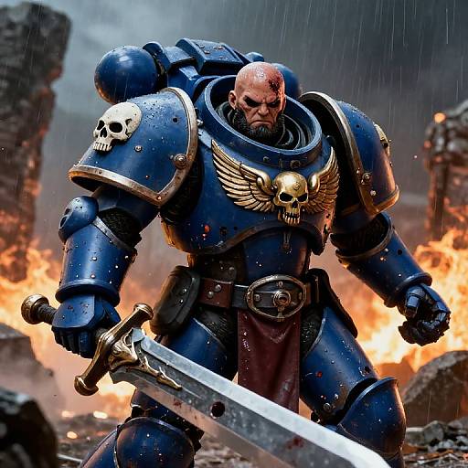 Muscular bald warrior in blue armor with skull and winged skull emblem, wielding a large sword, stands amidst fiery ruins and rain. CGI fantasy art