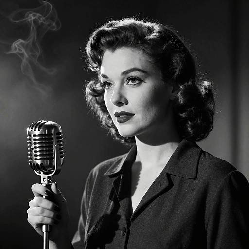 Black-and-white photograph of a 1940s-styled woman with curled hair, holding a vintage microphone, smoking, wearing a dark blazer.