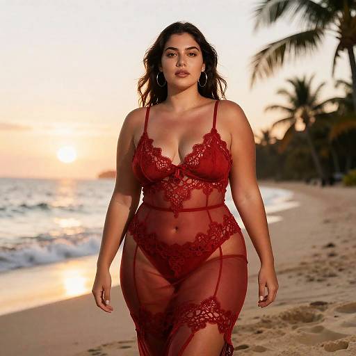 Plus-Size Model in Red Sheer Dress on Tropical Beach