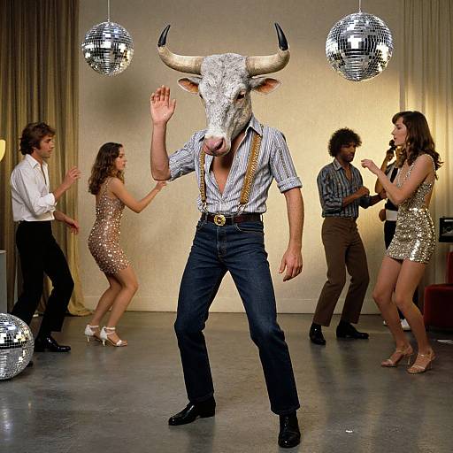 Photograph of a man in a bull mask, striped shirt, and jeans, dancing with silver sequin-clad women and men in a disco-l