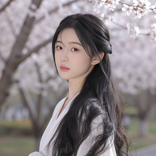 Serene Asian Garden with Black Hair
