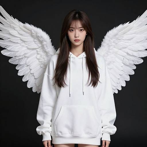 Photograph of an Asian woman with long black hair, wearing a white hoodie and white angel wings, standing against a black background.
