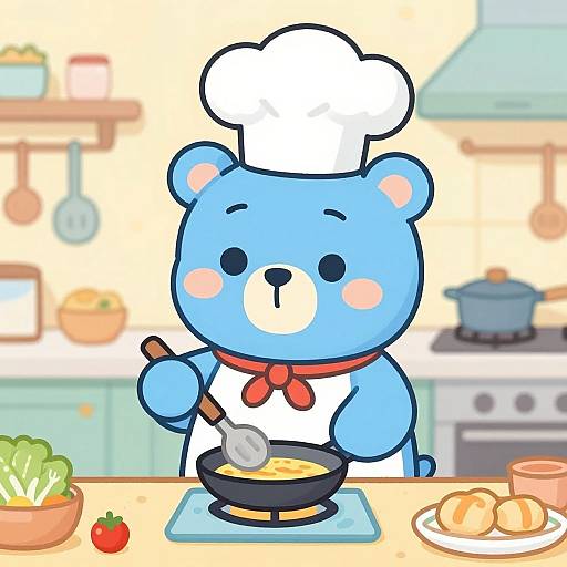 Cartoon Blue Bear Chef Cooking