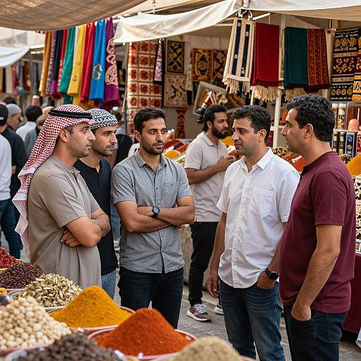 Photograph of four Middle Eastern men in casual clothes, standing at a colorful spice market stall, chatting and looking at spices. Background includes hanging fabrics and