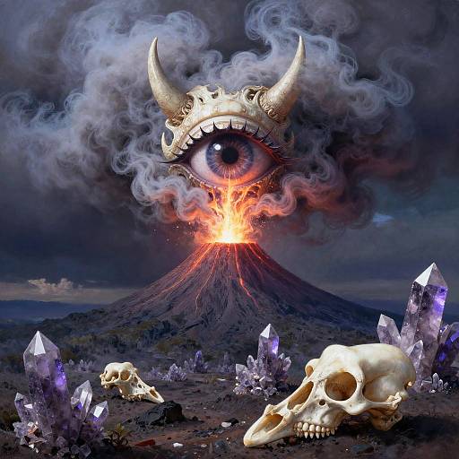 Digital artwork of a volcanic mountain with an eye above it, surrounded by smoky clouds, purple crystals, and two skulls.