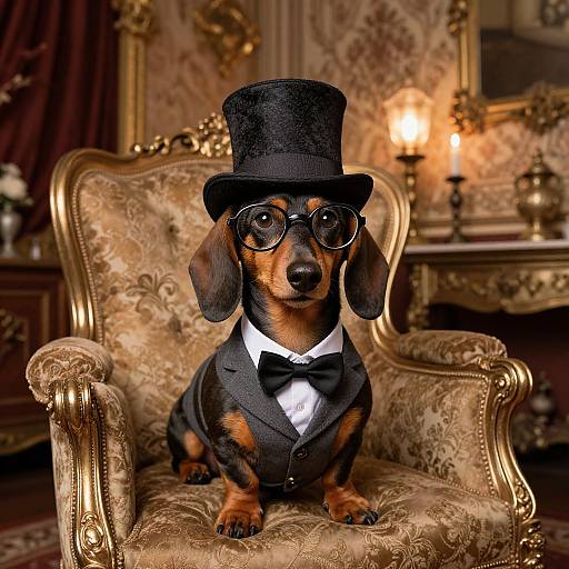 Photograph of a dachshund wearing a black top hat, round glasses, black tuxedo, and bow tie, sitting on an orn