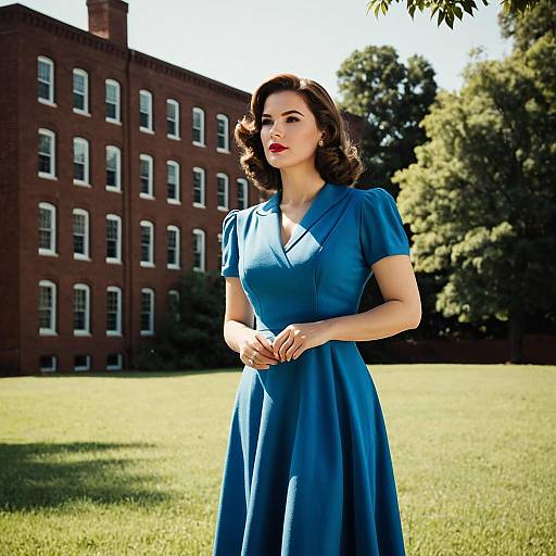 Woman in Vintage Blue Dress Standing Outdoors