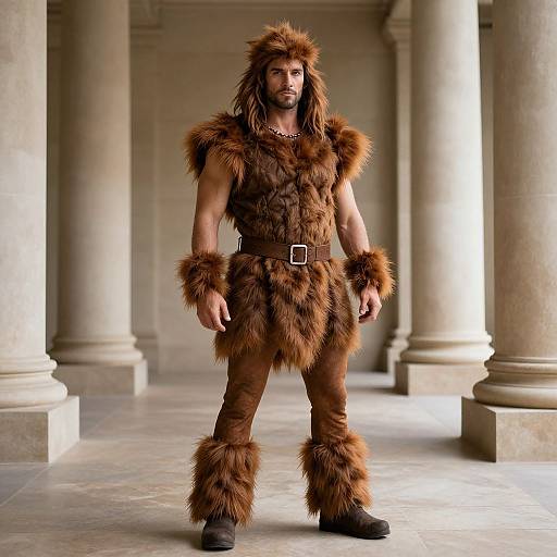 Photograph of a muscular man with long brown hair, wearing a furry brown Viking-style outfit with a belt, standing in a grand, columned hallway