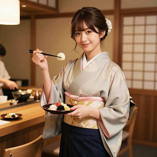Photograph of a smiling Japanese woman in a light blue kimono with pink sash, holding chopsticks with sushi and a plate with food, in