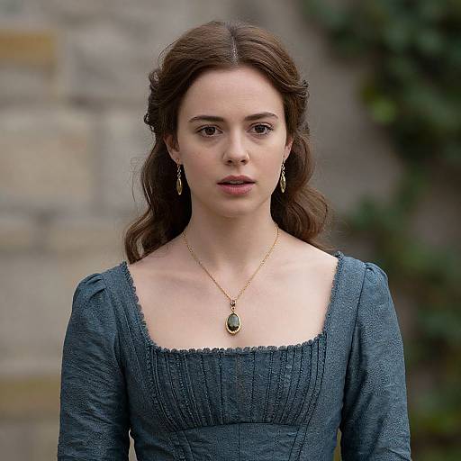 Photograph of Emma Watson with wavy brown hair, wearing a blue, textured dress and gold necklace, standing against a blurred stone and greenery background