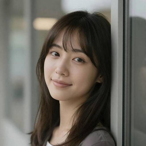 Young woman leaning against glass door