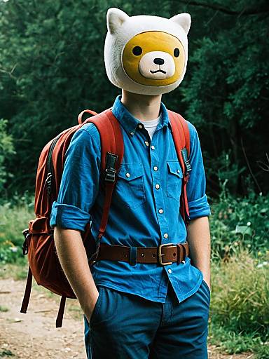 Man Wearing Cartoon Bear Head Outdoors