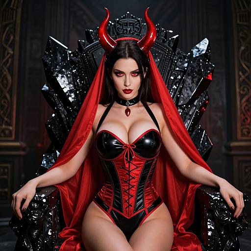 Photograph of a dark-haired woman with red horns, red eyes, red and black leather corset, and cape, seated on a black throne with